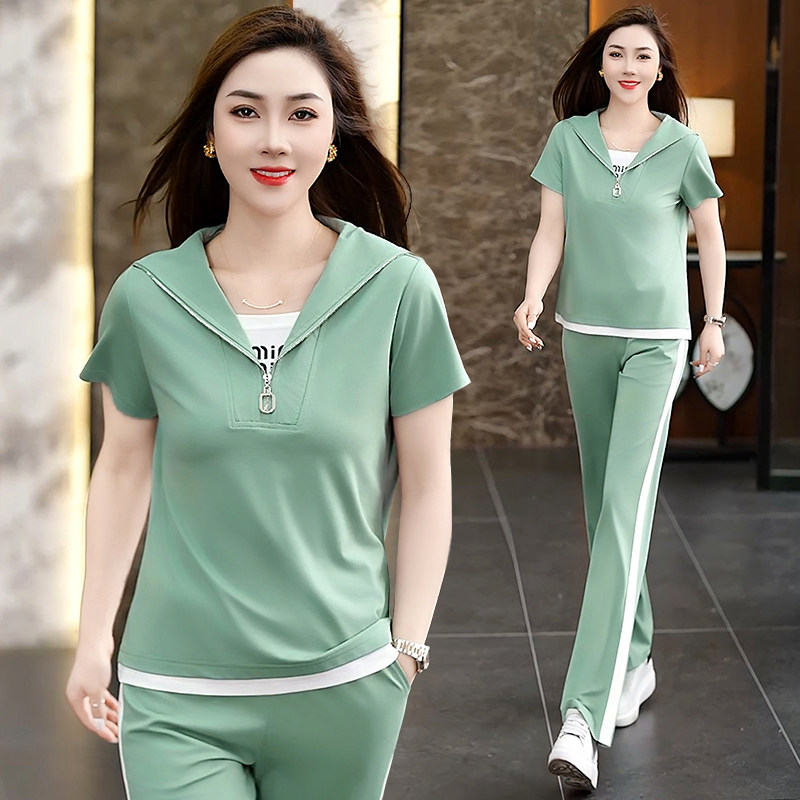 时尚休闲运动套装女夏季2025新款洋气减龄时尚短袖上衣阔腿裤套装