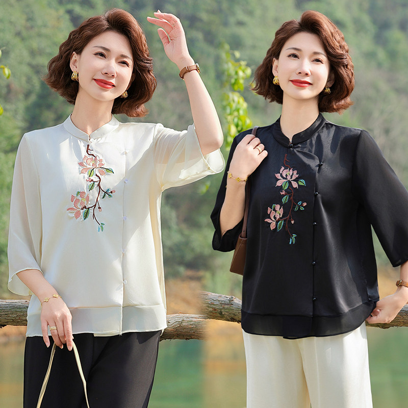 新中式妈妈夏装2025新款小衫套装中老年女士夏季七分袖上衣两件套