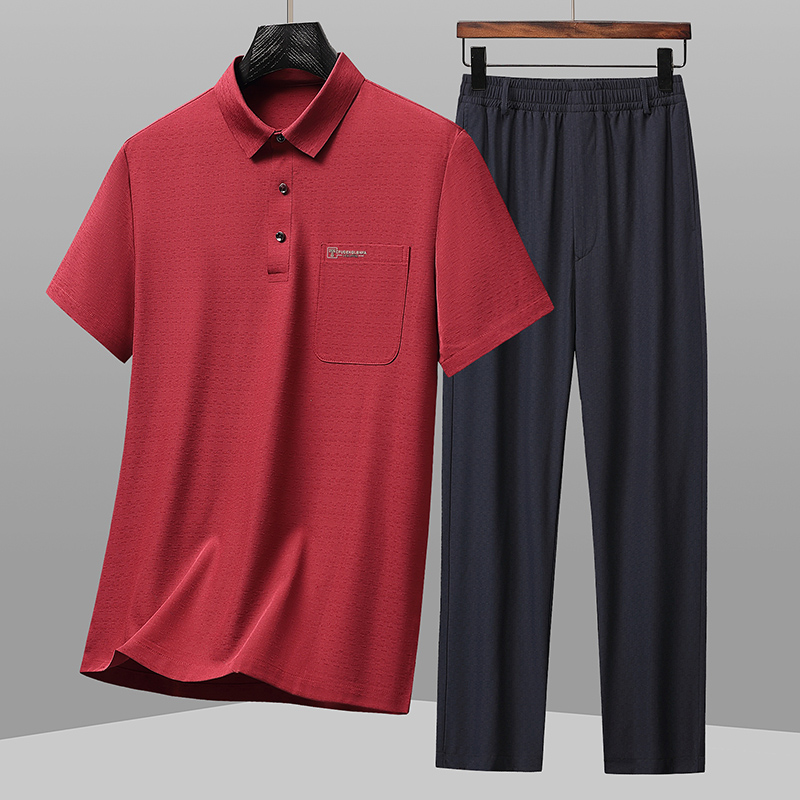 爸爸夏装套装冰丝POLO衫中年男夏季短袖T恤中老年人时尚休闲衣服