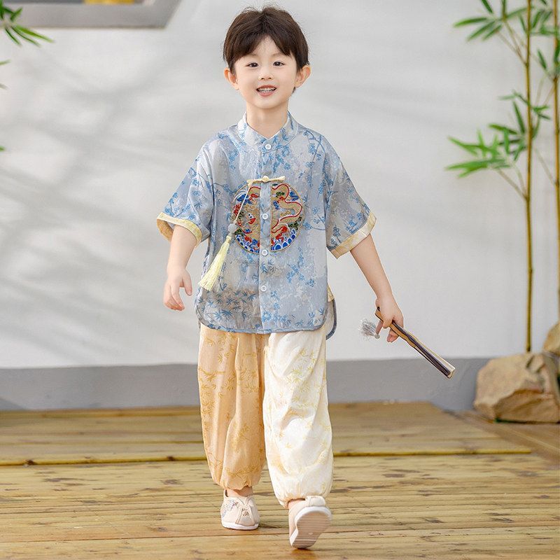 儿童汉服男童国风套装小少爷新中式唐装两件套男宝古风短袖演出服