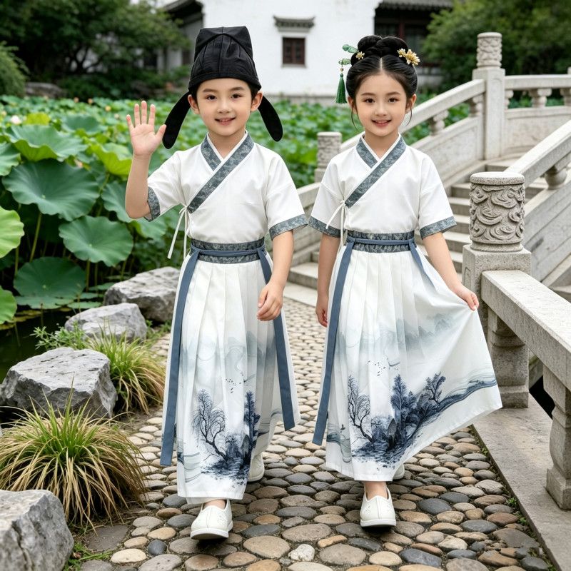 汉服儿童2026新款男童短袖夏季中国古风女童唐装三字经表演演出服