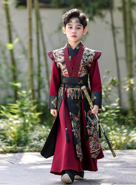 高端明制男童汉服套装春秋装2026新款中国风儿童古装古风帅气红色