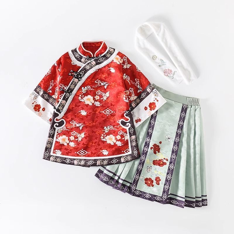 女童旗袍清朝格格两件套装中国古风女孩过年拜年新年冬加绒厚棉服
