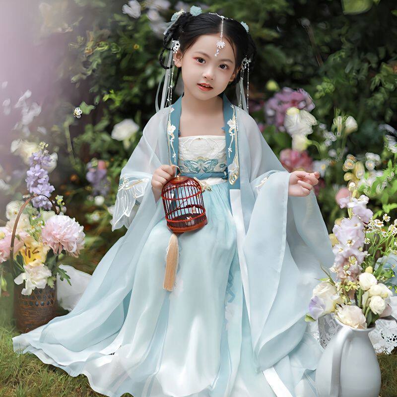 森系绿色新中式汉服女童2025新款古风超仙儿童古装大袖衫唐装汉服