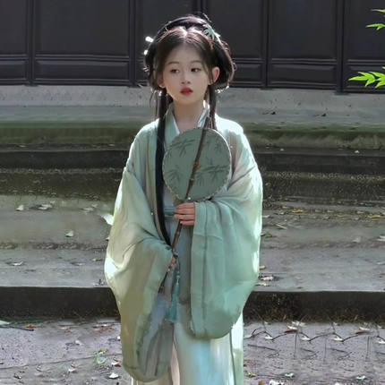 魏晋风南北朝绿色汉服女童2025新款夏季古装儿童演出服广袖国风裙