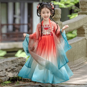 女童2024新款儿童古装超仙中国风唐装女孩连衣裙春秋款节目演出服