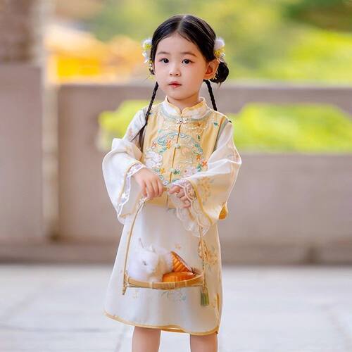 汉服女童秋装宝宝中国风玉兔马甲旗袍连衣裙女孩古装儿童中秋唐装
