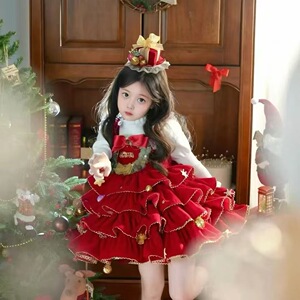 女童洛丽塔公主裙儿童圣诞节穿搭服装连衣裙红色过新年战袍拜年服