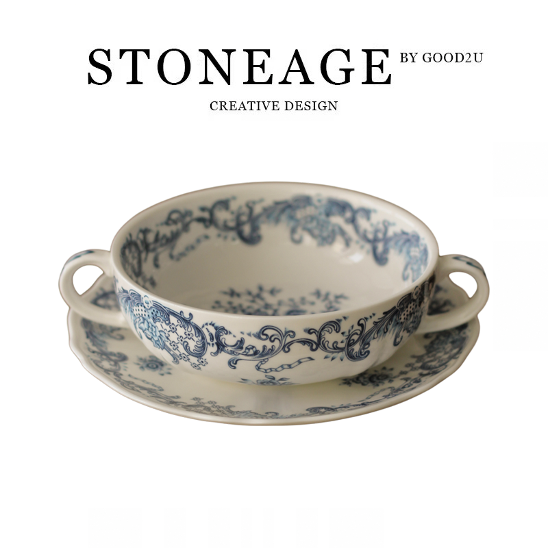 口德国兰花双耳碗碟复古风蓝色