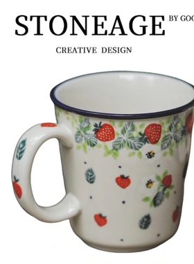 波兰颜值手绘陶器可爱草莓烤箱碗米饭碗单把碗圆盘海鲜汤盆 2709X