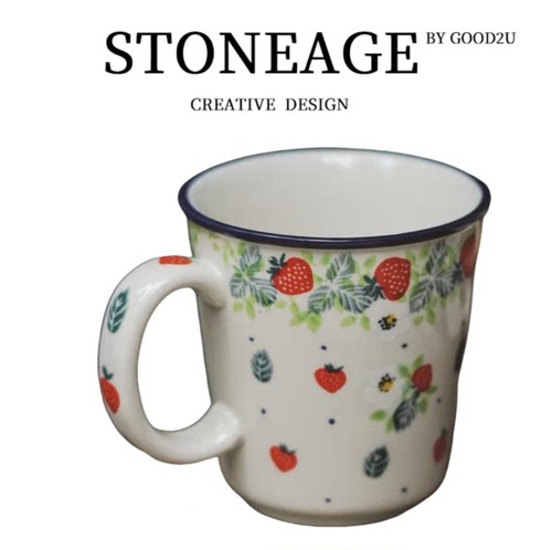 波兰颜值手绘陶器可爱草莓烤箱碗米饭碗单把碗圆盘海鲜汤盆 2709X