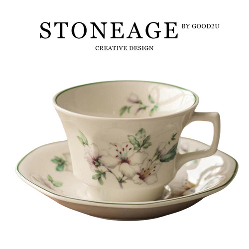 英式中古八角杯陶瓷杜鹃花咖啡杯碟套装田园风精致高颜值