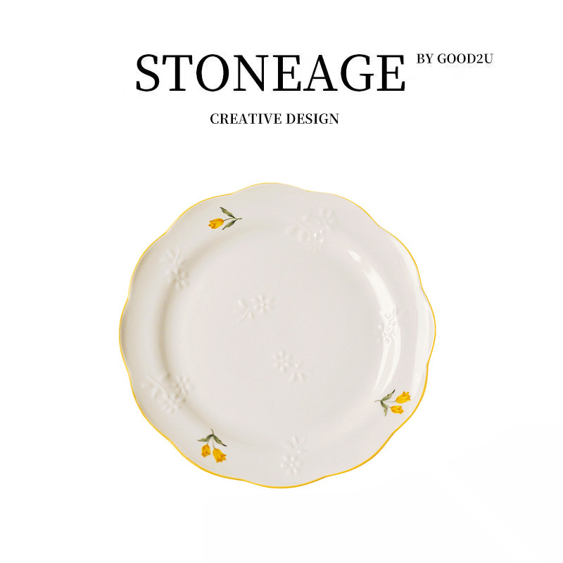 法国renommaebata合作款郁金香浮雕花釉下彩点心盘普瓷包邮无原盒