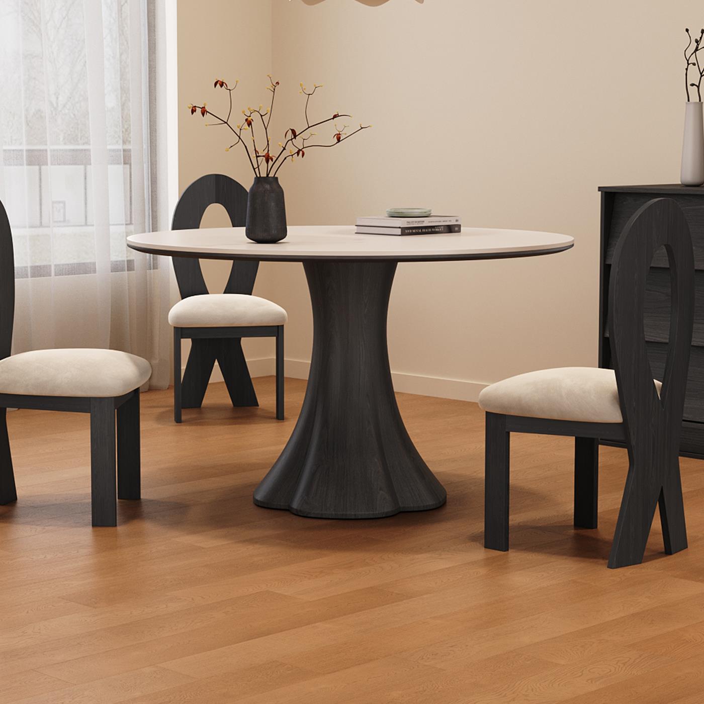 法式复古实木圆形餐桌现代简约轻奢家用小户型高级感洽谈岩板餐桌