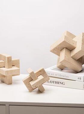 现代简单几何不对称大理石装饰品销售部样板间桌面黄色石灰华软装