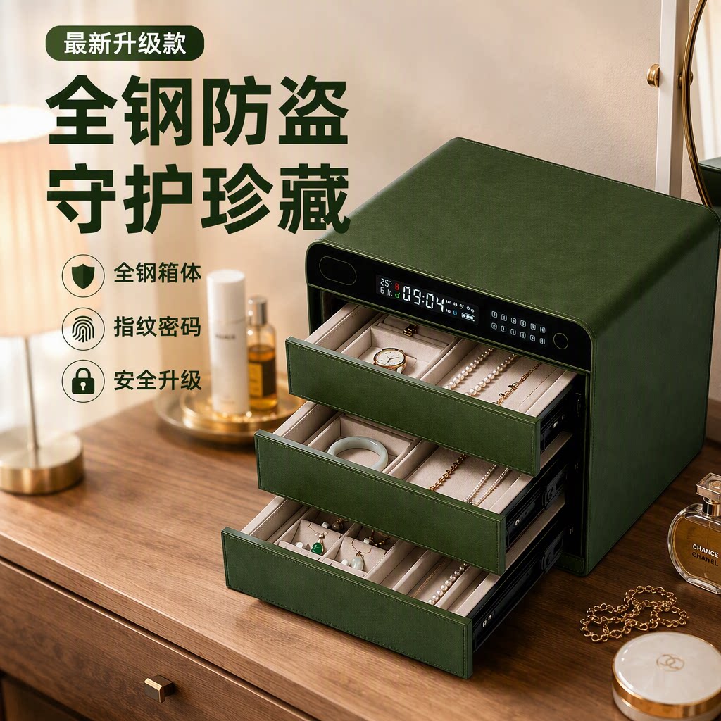 复古绿色油蜡皮珠宝首饰保险箱指纹密码解锁多层抽屉保险柜家用小型智能防盗保管箱收纳柜