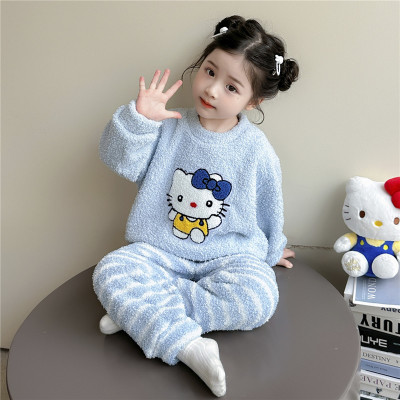 女童睡衣套装2025新款秋冬儿童法兰绒加厚家居服珊瑚绒女宝宝两件