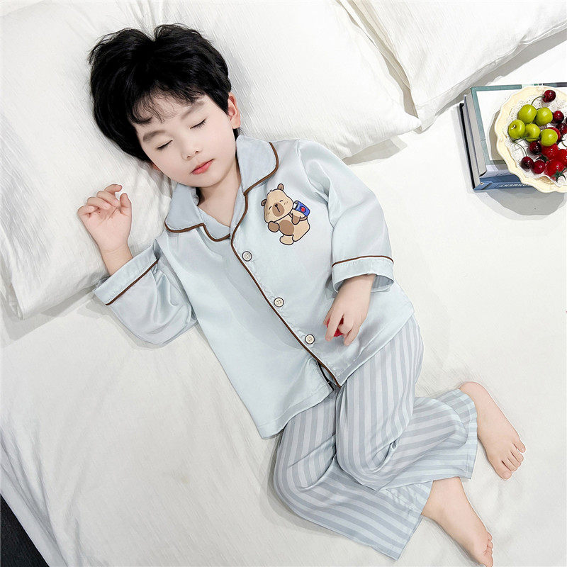 男童睡衣套装休闲儿童长袖条纹长裤开衫翻领可爱拉布布冰丝家居服