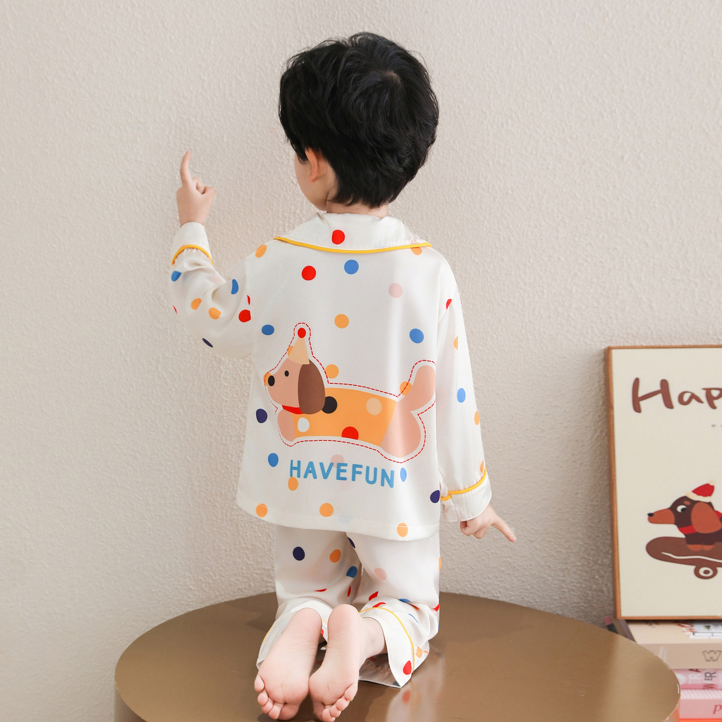 男童睡衣套装休闲春夏季长袖长裤冰丝波点腊肠狗家居服空调房两件