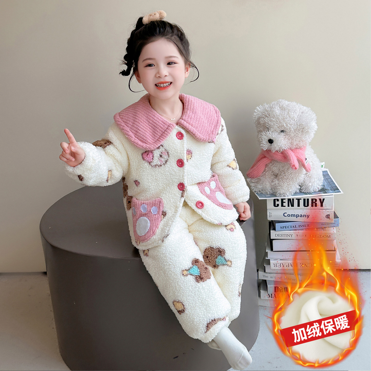 女童睡衣套装2025新款秋冬双层加厚珊瑚绒保暖法兰绒家居服半边绒