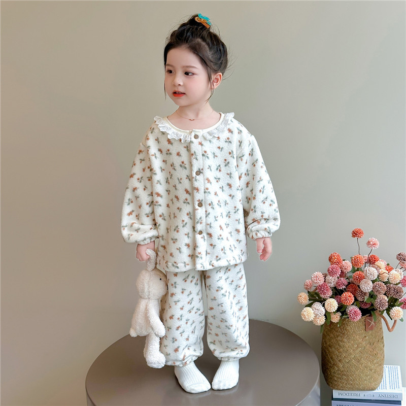 女童睡衣套装2025秋冬新款法兰绒儿童蕾丝花边碎花家居服珊瑚绒款