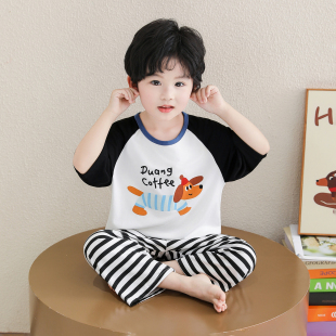 男童睡衣套装儿童春夏季莫代尔男宝宝短袖条纹长裤休闲凉快家居服