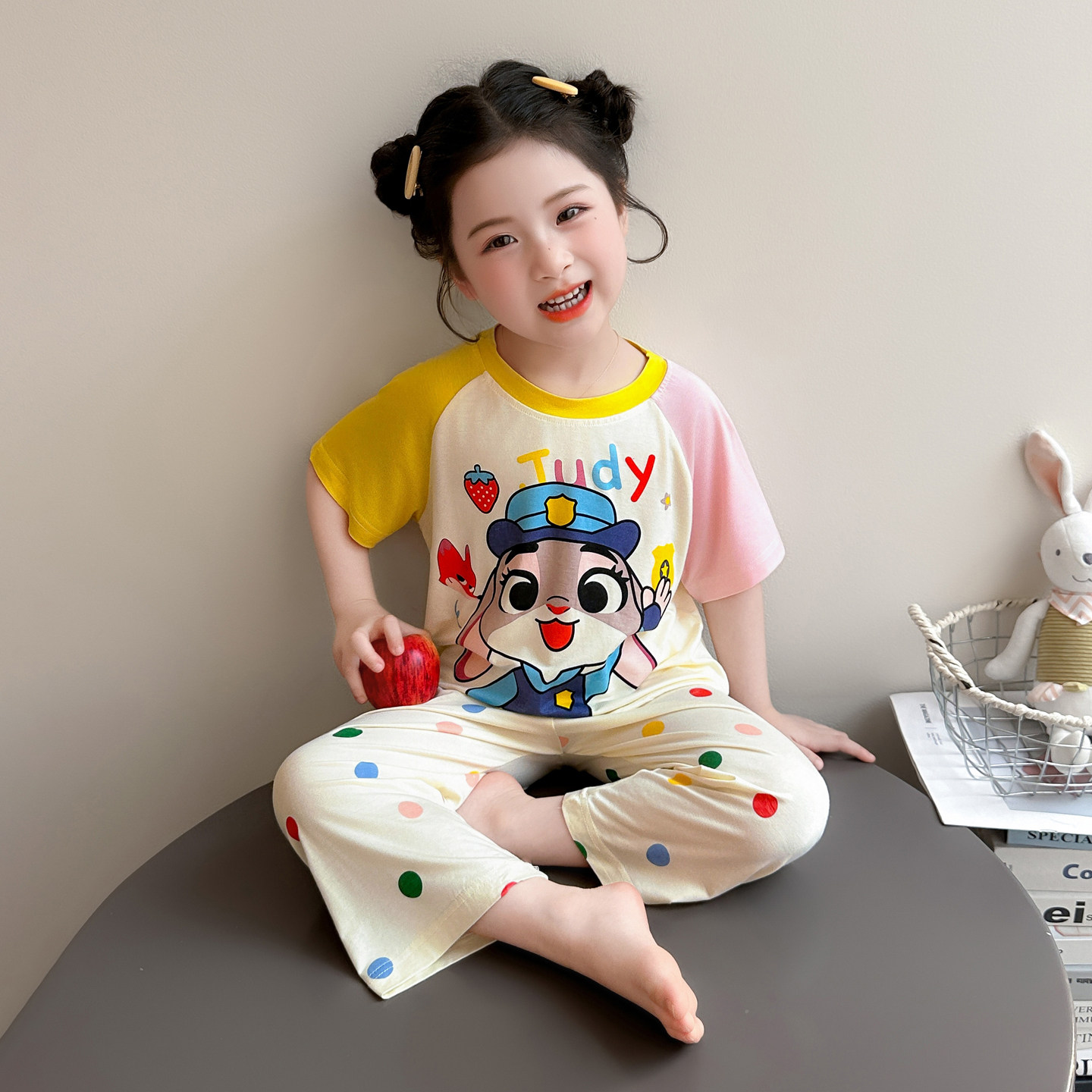 女童睡衣套装休闲女宝宝莫代尔可爱兔警官短袖波点长裤儿童家居服