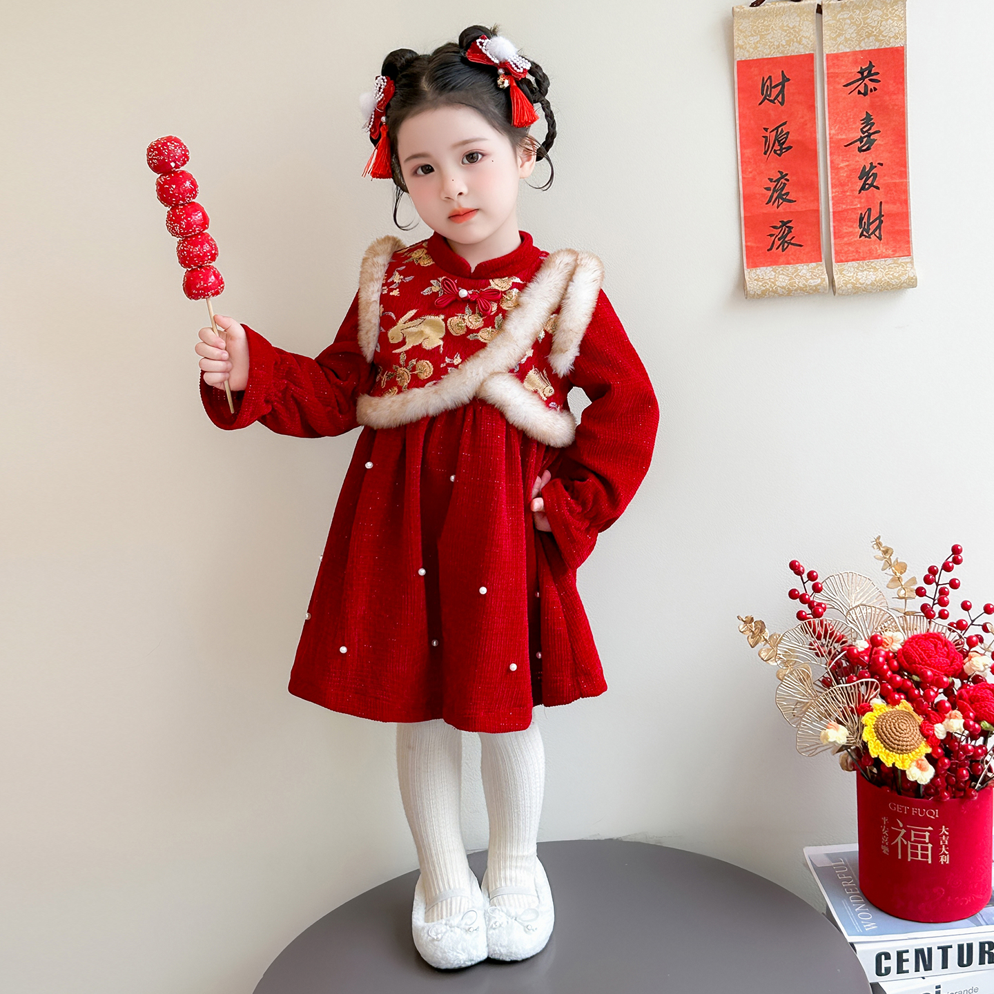 女童裙子2025季新中式加绒连衣裙红色国风拜年服冬季儿童长袖毛领
