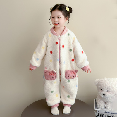 女童睡衣2025新款秋冬珊瑚绒保暖双层加厚法兰绒连体衣家居服睡袋