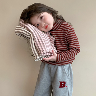 女童打底衫2025秋冬新款女宝宝休闲笑脸条纹加绒加厚保暖款式上衣