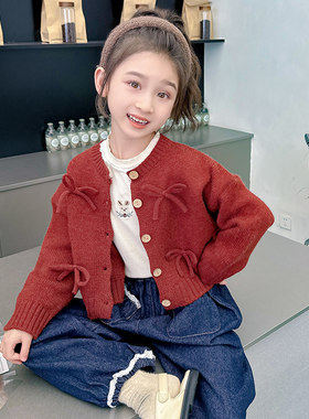 女童外套2025新款春秋红色蝴蝶结毛衣开衫女宝宝休闲潮流百搭款式