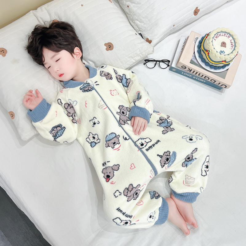 男童睡衣2025新款秋冬中男宝宝休闲连体加绒加厚保暖满印印花爬服