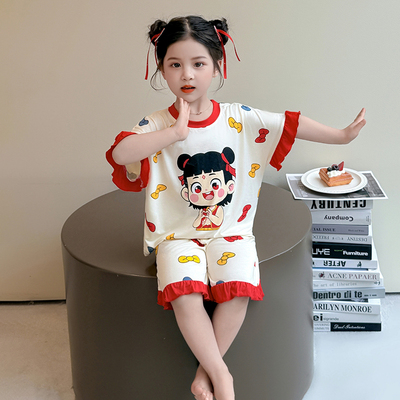 哪吒女童睡衣儿童莫代尔套装夏季薄睡衣女宝宝卡通短袖家居服套装