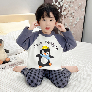 男童睡衣套装2025新款春秋纯棉可爱企鹅家居服长袖格子裤保暖两件