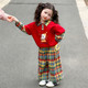 卡通印花撞色格子假两件卫衣阔腿裤 新款 女宝宝两件 春秋季 女童套装