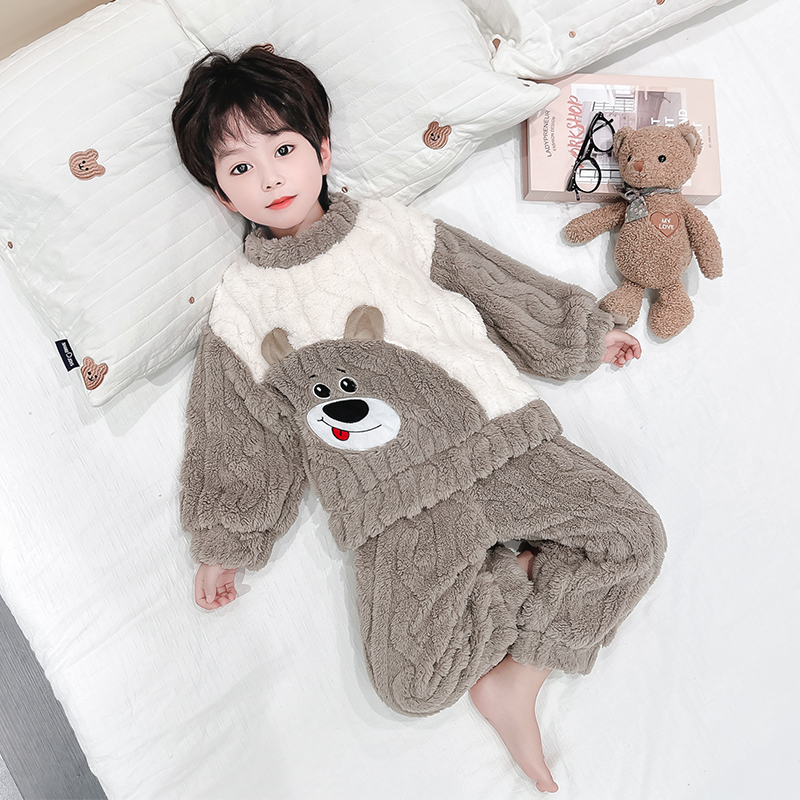 男童秋冬加绒加厚卡通睡衣宝宝小熊保暖法兰绒套装男孩拼接家居服