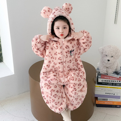 女童睡衣2025新款秋冬珊瑚绒保暖双层加厚法兰绒连体衣家居服睡袋