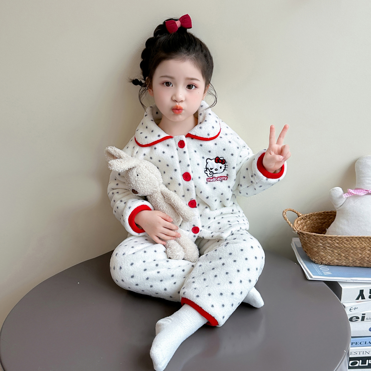 女童睡衣套装秋冬新款双层加绒加厚保暖珊瑚绒家居服法兰绒波点款