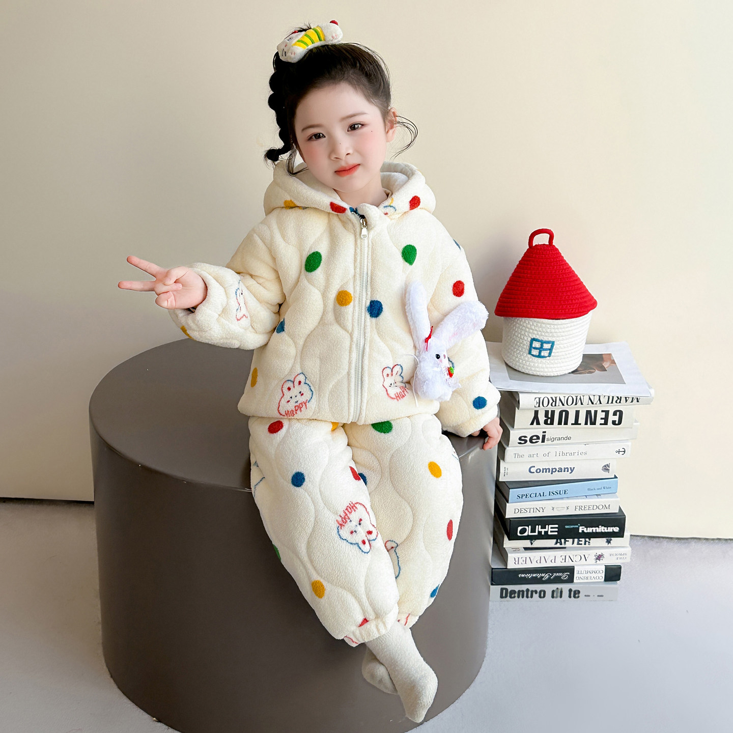 女童睡衣套装波点小兔三层加厚夹棉加绒家居服冬季保暖法兰绒儿童
