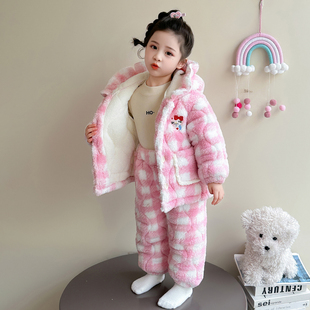 女童睡衣套装珊瑚绒家居服冬季加绒加厚三层夹棉连帽女宝宝保暖款
