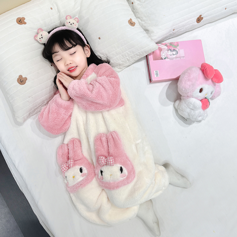 女童爬服2025新款秋冬女宝宝休闲珊瑚绒粉兔法兰绒连体睡衣居家服