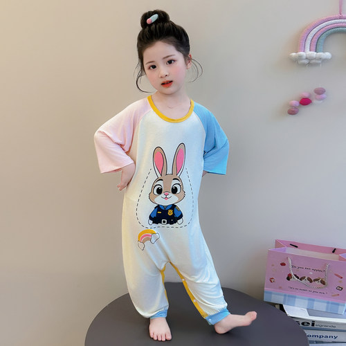 女童连体睡衣休闲薄款夏季莫代尔可爱兔子警官七分袖长裤儿童睡袋