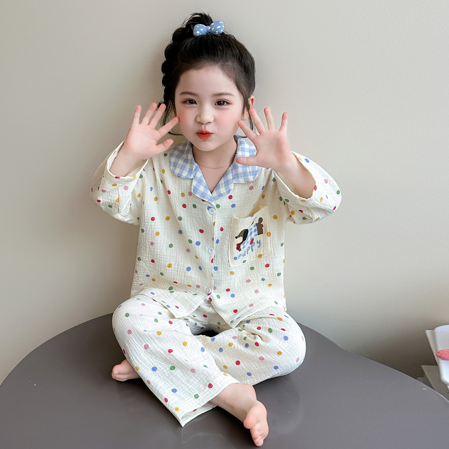 女童睡衣套装儿童纯棉纱布翻领开衫可爱腊肠狗波点家居服女宝宝款