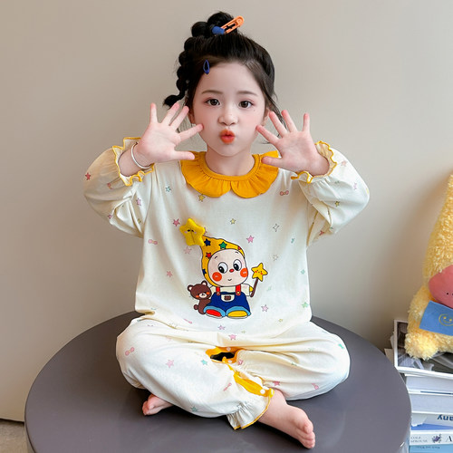 女童连体睡衣春秋季长袖长裤花边领口纯棉空调服家居服女宝宝睡袋