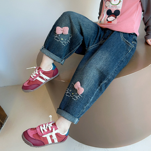 女童裤子春秋季休闲KT猫蝴蝶结牛仔裤时髦潮流小童女宝宝款阔腿裤
