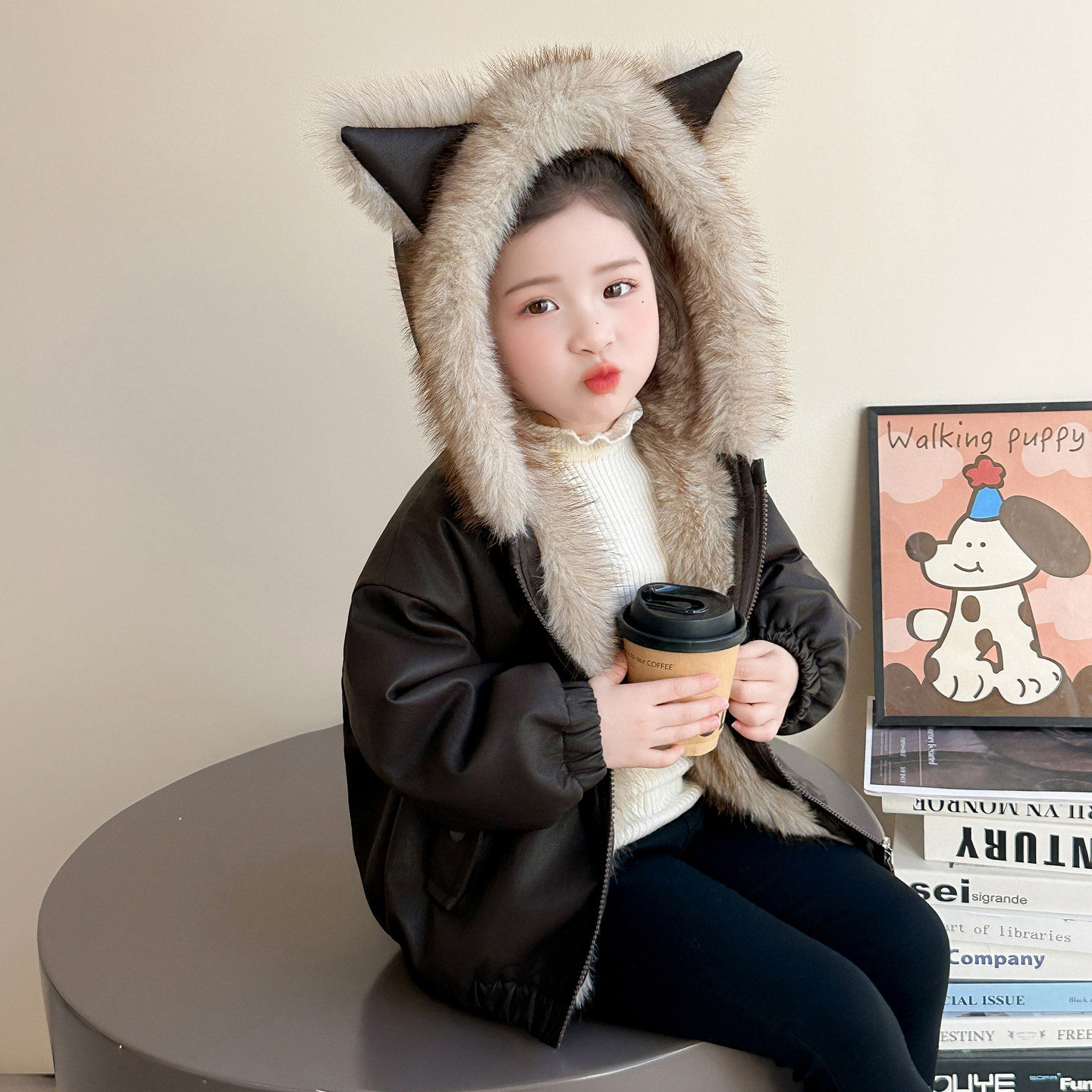 女童外套加绒连帽毛毛外衣冬季儿童两面穿洋气宽松皮衣一体绒棉袄