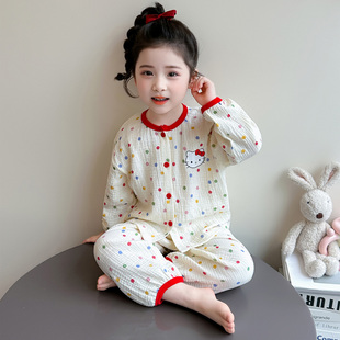 女童睡衣套装儿童春秋新款彩点撞色纱布开衫波点可爱KT猫家居服款