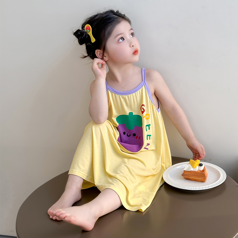 女童睡裙2025新款儿童夏款纯色短袖家居服女宝宝可爱中小童睡衣裙