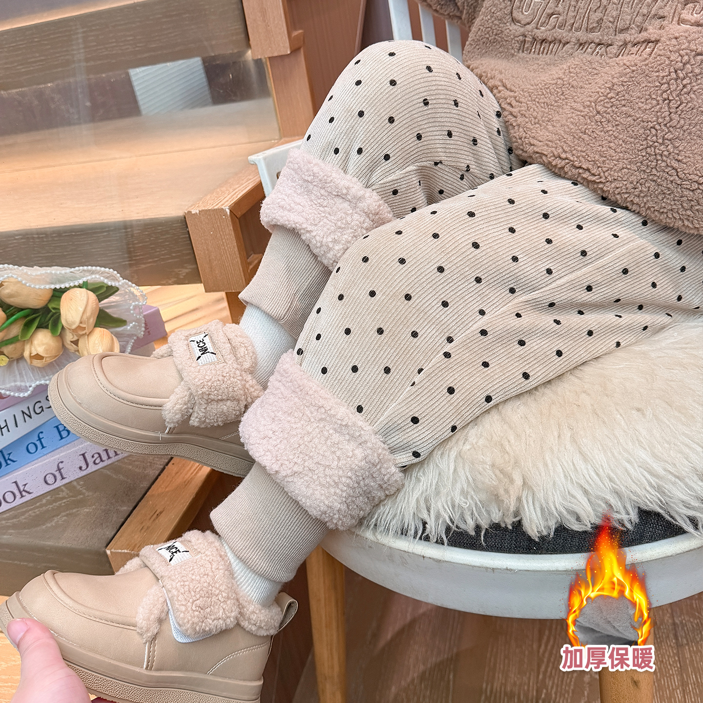 女童裤子加绒波点长裤冬季假两件羊羔毛休闲裤加厚保暖儿童休闲裤