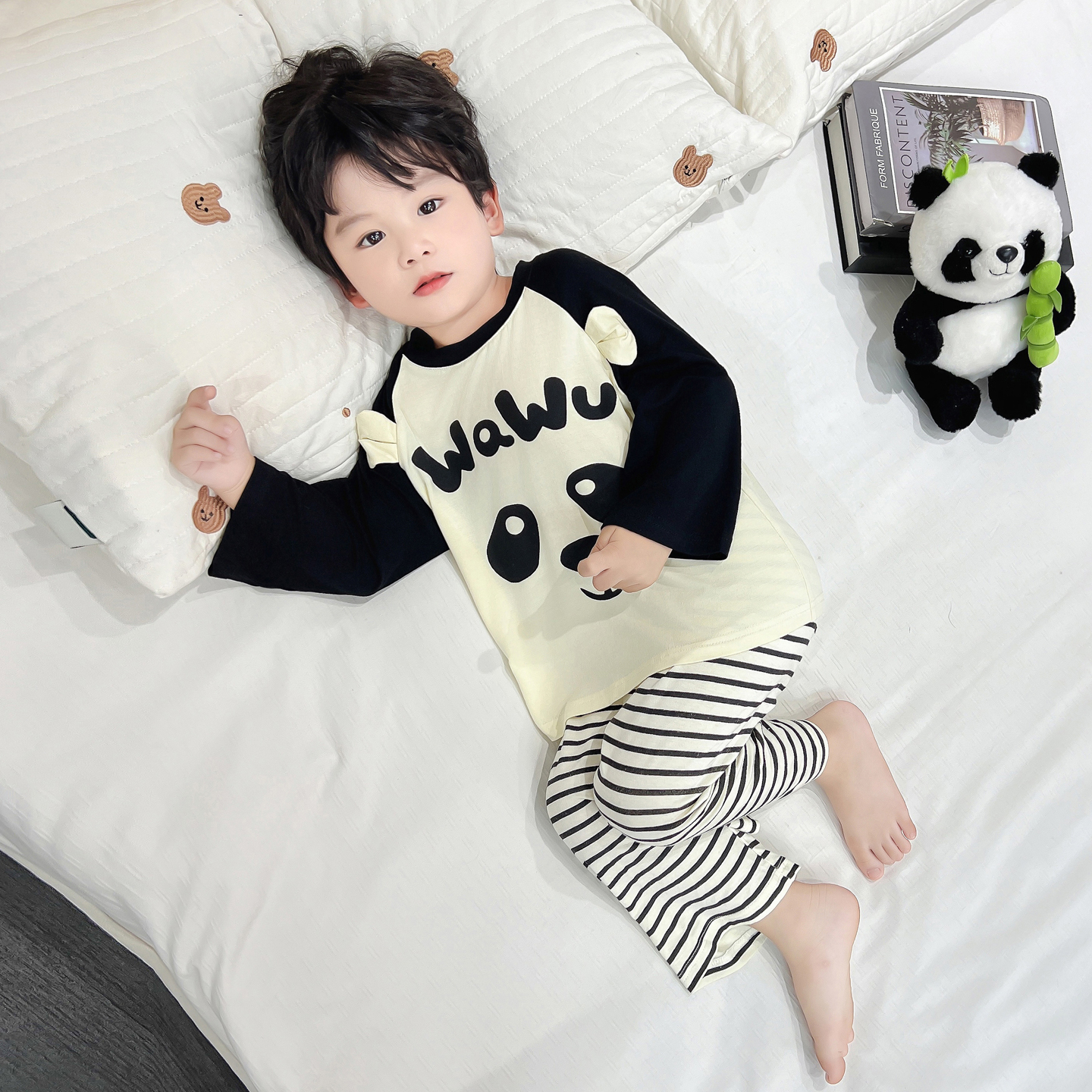 男童睡衣套装春秋长袖长裤家居服可爱小熊猫休闲空调服薄款条纹裤